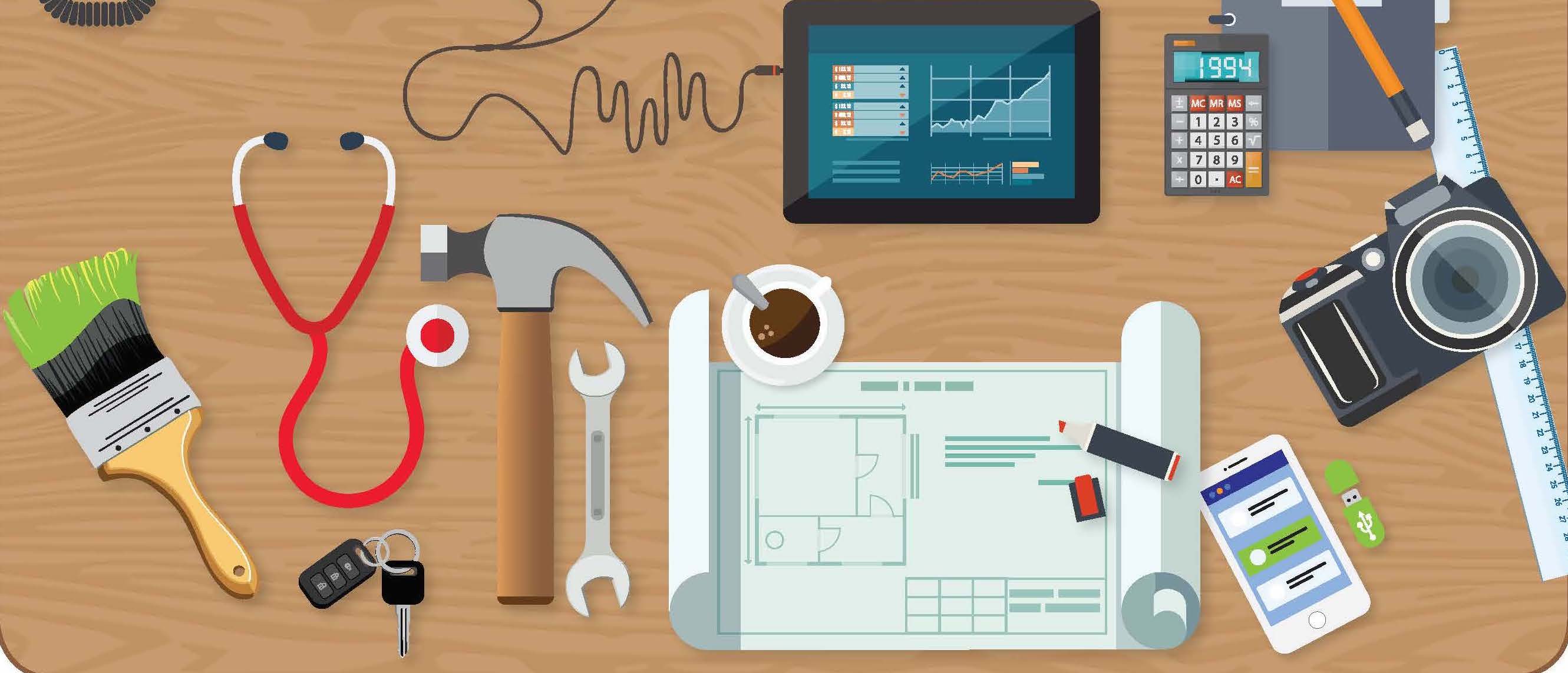 cartoon of tools, ipad, calculator, phone